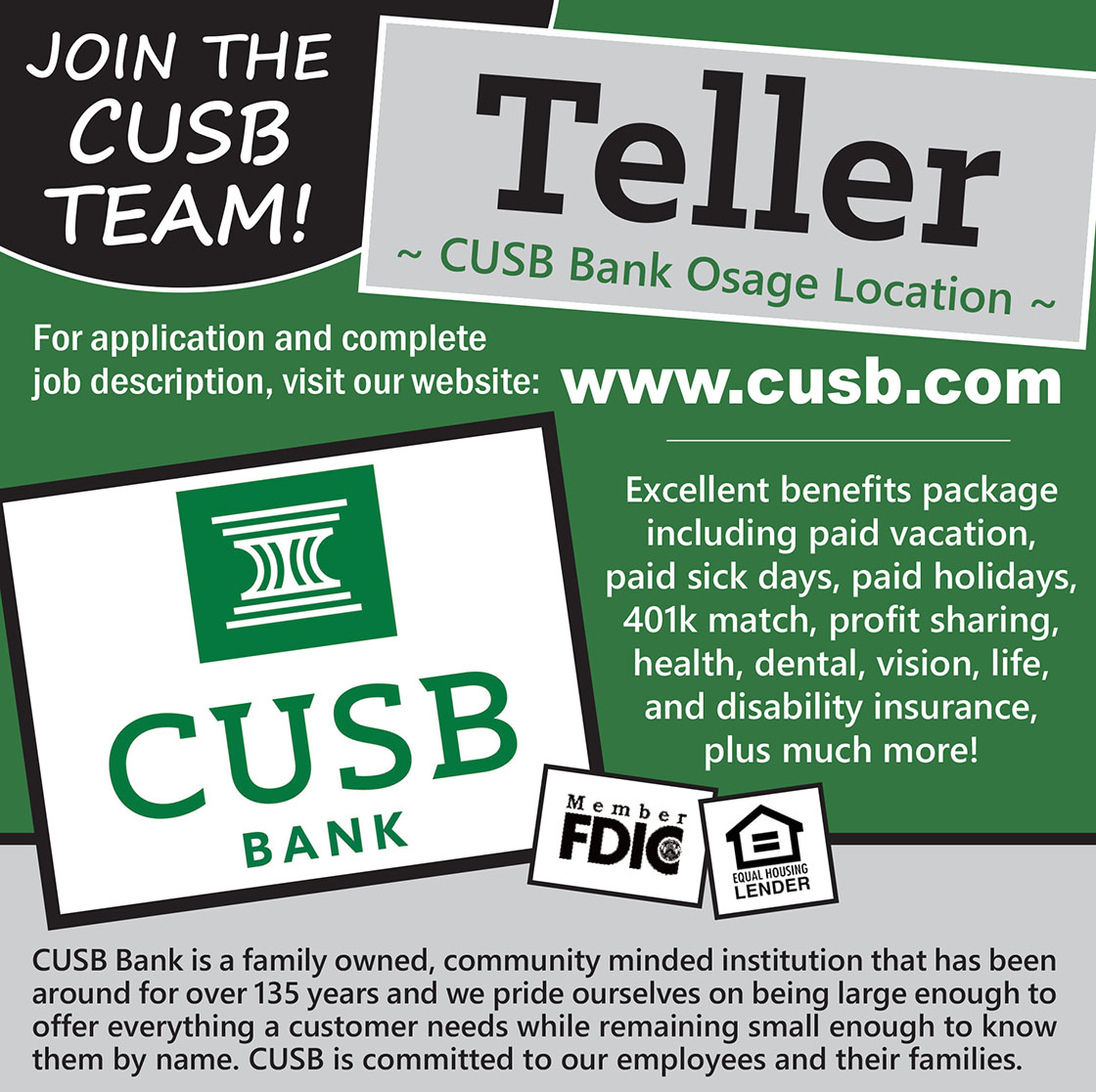 WE ARE GROWING! We’re looking for a Teller at our Osage location to join the CUSB Bank team. To learn more about this position: recruiting.paylocity.com/recruiting/job…
