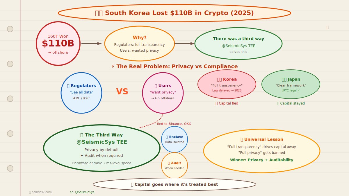 South Korea lost $110 billion in crypto (2025). Why? Regulators demanded full transparency, users wanted privacy, so they went offshore. There was a third way. <a href="/SeismicSys/">Seismic</a> solves this with TEE.

What happened:
Throughout 2025, approximately 160 trillion Won ($110B) flowed from