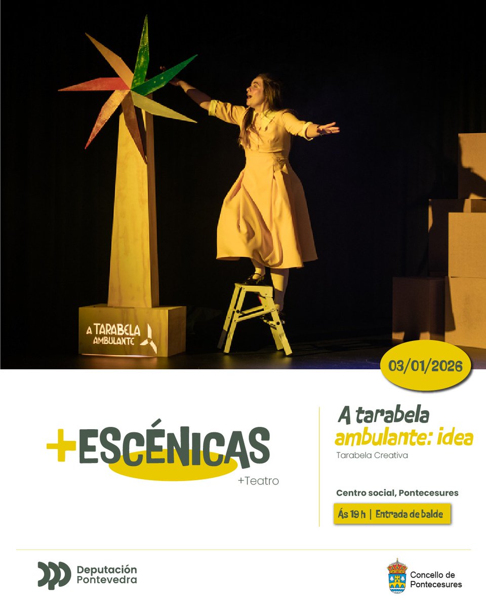 💡✨ Mañá comezamos o ano escénico con #ATarabelaAmbulante #Idea 

🕖 Será ás 19hs.
📍 No centro social de Pontecesures
🎭 Grazas ao programa +Escénicas da <a href="/depo_es/">Deputación Pontevedra</a>. 
🎫 De balde

🎉 É un feliz ano novo!