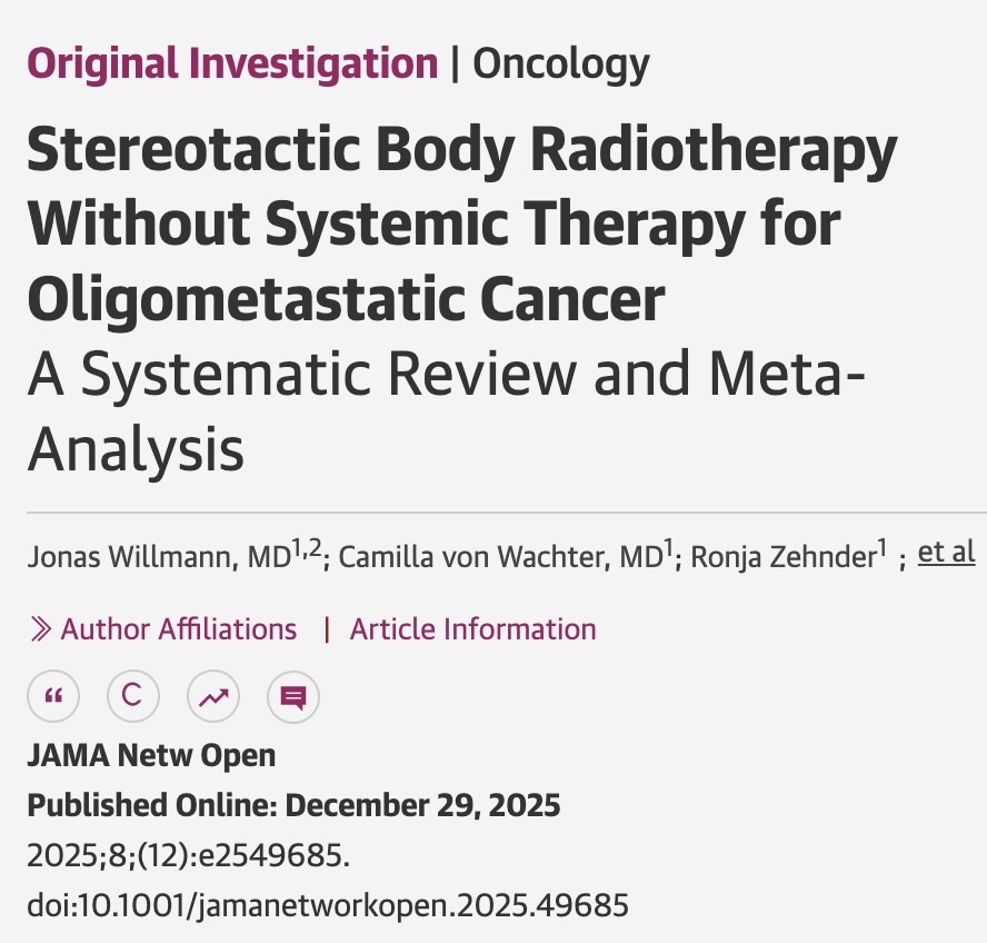 drtahuahua's tweet photo. Do we always need upfront systemic therapy in oligometastatic disease?

This meta-analysis in @JAMANetworkOpen suggests not.
SBRT achieved 70% systemic therapy free survival at 1–2 yrs, rising to 78% in prostate & 87% in renal cancer, with low toxicity & preserved QoL.
Appropriate pt selection & tx sequencing matter.
https://t.co/NDu4xq2AIV @OncoAlert