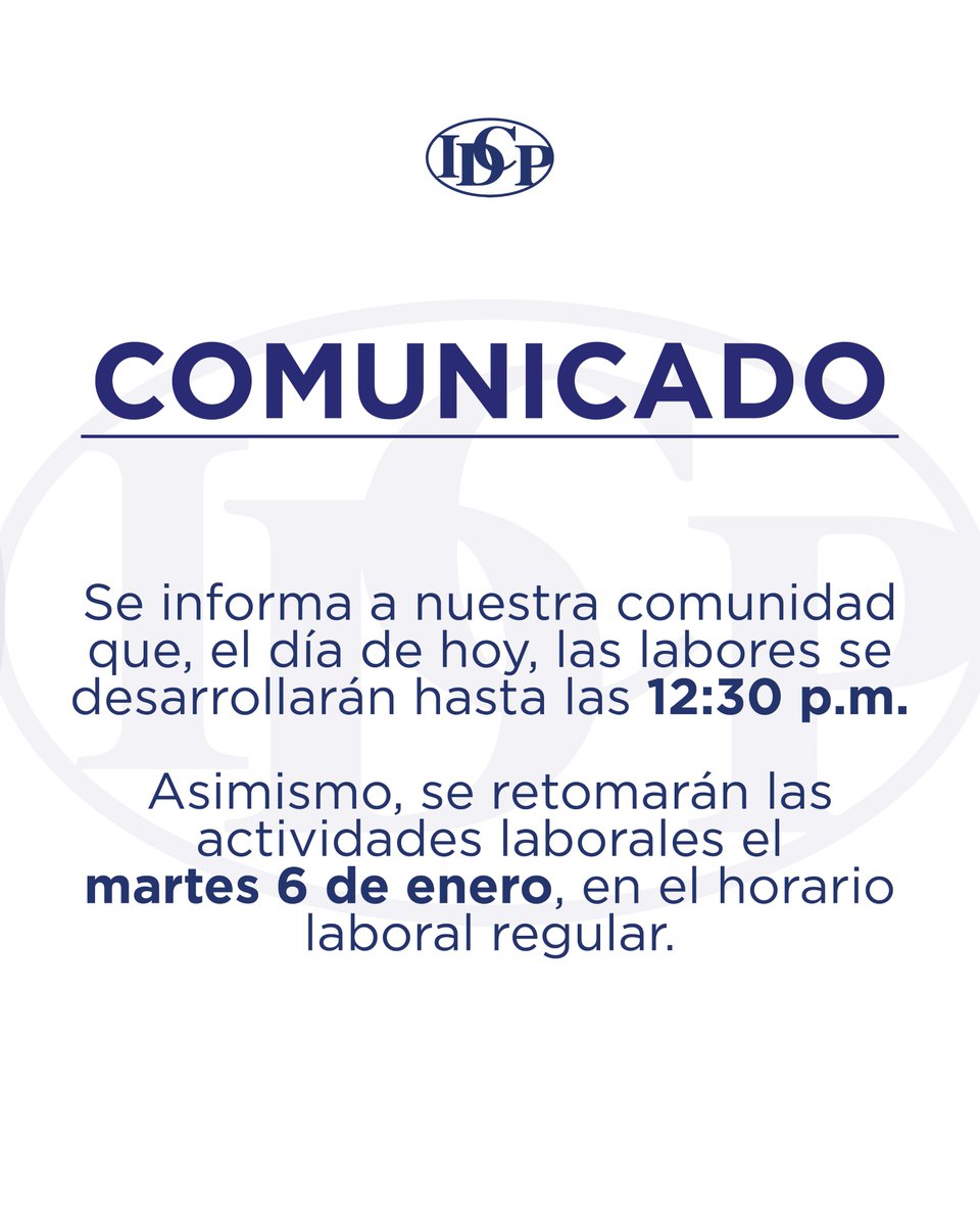 IDCP_rd's tweet image. 📢 Aviso importante

El día de hoy estaremos laborando hasta las 12:30 p. m.

Retomaremos nuestras labores el martes 6 de enero, en nuestro horario laboral regular.

Agradecemos su comprensión y les deseamos un excelente inicio de año.