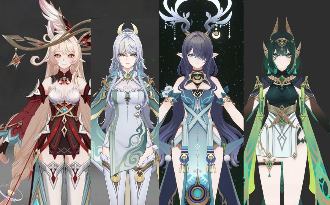 not_jinny's tweet image. i know every one of them is unique, but i cant help but notice the similarities between them, the chest window, short skirt, thigh highs, bare armpits, something cape-like on the back, not all of them has every one of these, but everyone has at least 3 🥹 it gets a bit boring...