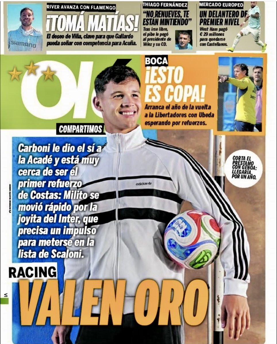 LA TAPA DE @DIARIOOLE SOBRE LA POSIBLE LLEGADA DE VALENTÍN CARBONI A #RACING 🔥