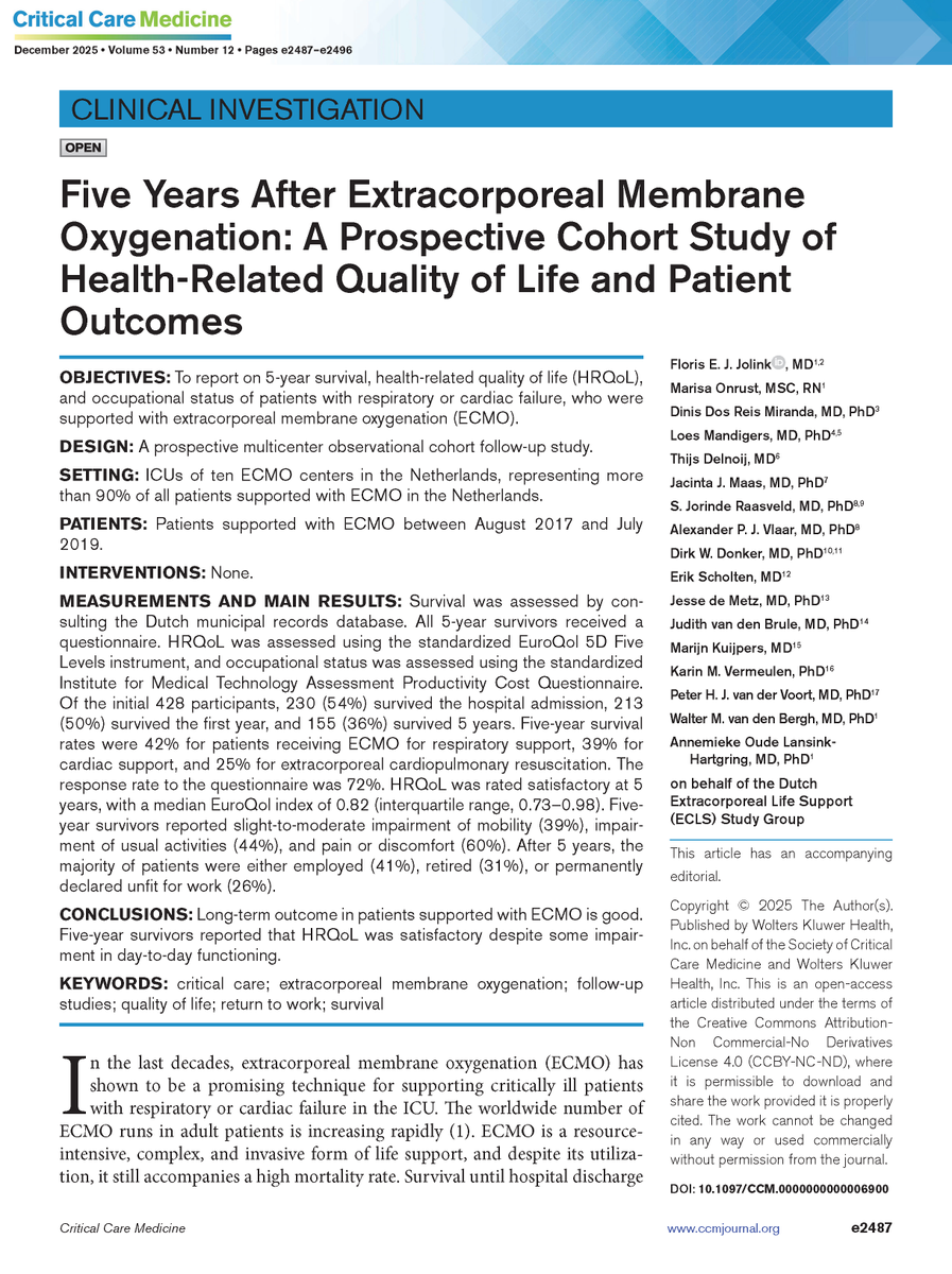 CritCareMed's tweet photo. ✅ Long-term outcome in patients supported with ECMO is good. Five-year survivors report satisfactory health-related quality of life despite some impairment in day-to-day functioning.

➡️ Read the complete #openaccess research in CCM: https://t.co/yRbEE9pAr1

#CritCareMed @SCCM https://t.co/0f9vpHknaH