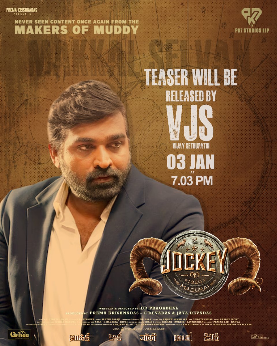 ❤️‍🔥Real GOAT released Official Teaser of JOCKEY
 
JOCKEY Official Teaser | Released by Vijay Sethupathi | 03 JAN 7:03 PM

From the makers of MUDDY, JOCKEY brings a never-seen goat fight action world to cinema. The Official Teaser will be released by Makkalselvan Vijay Sethupathi
