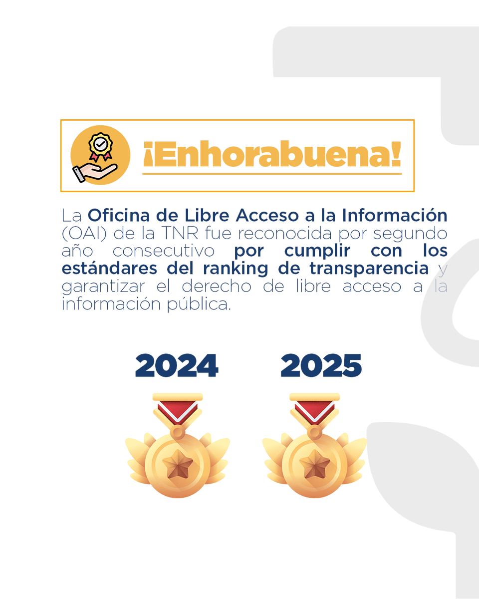 ✨ Nuevo logro desbloqueado 2025 │ Premio a la discreción
Por tercer año consecutivo, la TNR fue reconocida en la Campaña Nacional por la Integridad en la Administración Pública, destacándose por su transparencia, ética y manejo responsable de la información pública.