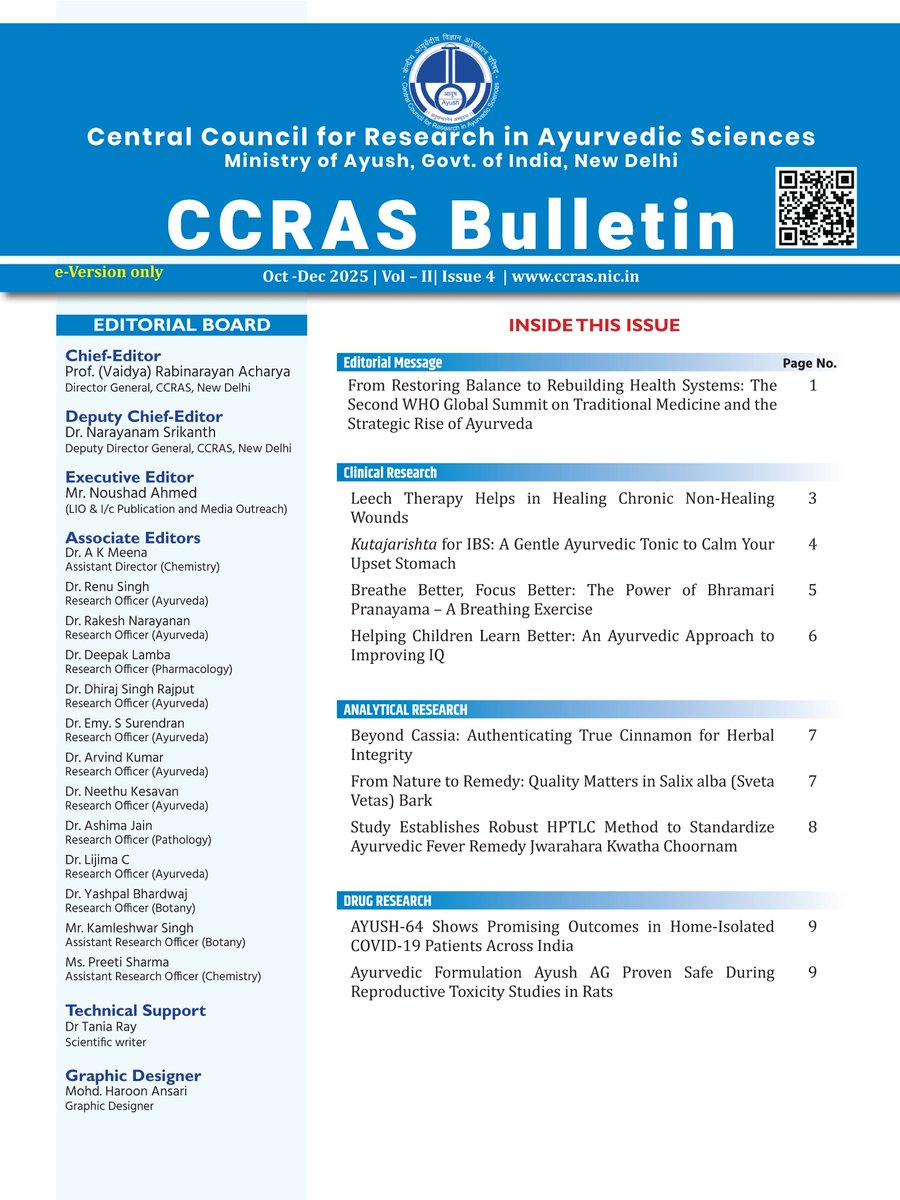 CCRAS_MoAyush's tweet image. 📢The latest #CCRASBulletin (Oct-Dec 2025 | Vol 2, Issue 4) is now live!

This edition simplifies extensive research from #CCRAS into easy-to-understand formats—beneficial for medical professionals &amp;amp; the general public alike.

Read here: ccras.nic.in/ccras-bulletin…

#Ayush #Ayurveda