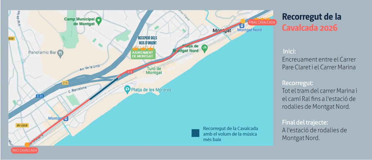 Montgat's tweet photo. Us informem que, amb motiu de la celebració de la Cavalcada de Reis, el dilluns 5 de gener de 2026, es produiran algunes afectacions a la mobilitat:
🚫 PROHIBICIÓ D’ESTACIONAMENT
⛔ TALL DE CIRCULACIÓ
➡️DESVIAMENT del bus @tusgsal_oficial 

Més info: https://t.co/u31QTyoP3u https://t.co/XRwWIpcFdu