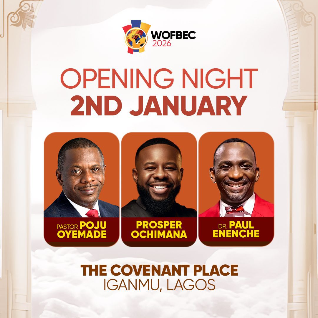 WOFBEC's tweet photo. WOFBEC 2026 starts today!

📅 Time: 5:00pm
🕊 Theme: Thy Kingdom Come
📍 Venue: The Covenant Place, Iganmu, Lagos, Nigeria

Stream WOFBEC 2026 live on

YouTube: https://t.co/jDNZxTlhIy
Facebook: https://t.co/fOItCCPWvO
Mixlr: https://t.co/9ScJ5fiiDk

#WOFBEC2026 #Thykingdomcome https://t.co/MqBGfBOtNd