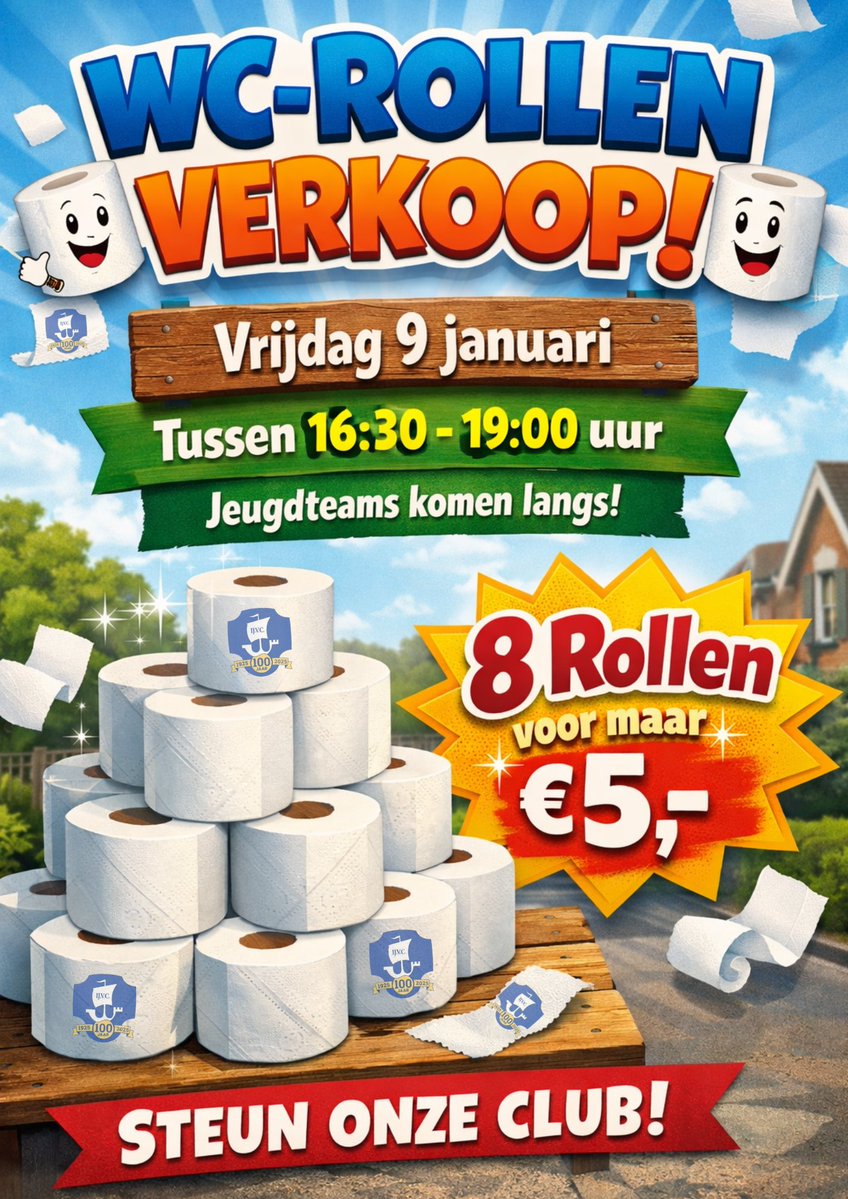 We moeten toch allemaal naar de 🚾🚽 

Steun de jeugd door WC-rollen te kopen!! 

De opbrengst gaat ook daadwerkelijk naar de jeugd voor bijvoorbeeld, trainers, materialen, leuke dingen zoals een voetbalclinic. 

Afrekenen met QR-code is mogelijk.