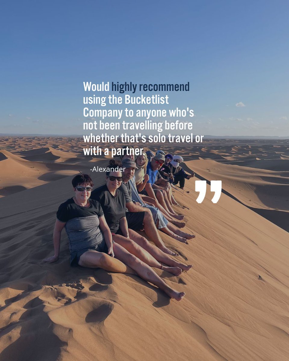 'Excellent' - Dawn - Sahara Desert Trek

If you’re dreaming of trekking across the Sahara, sleeping under the stars and experiencing incredible local culture… this is your sign to join us!
Click below to book your adventure.

thebucketlistcompany.co.uk/destinations/s…