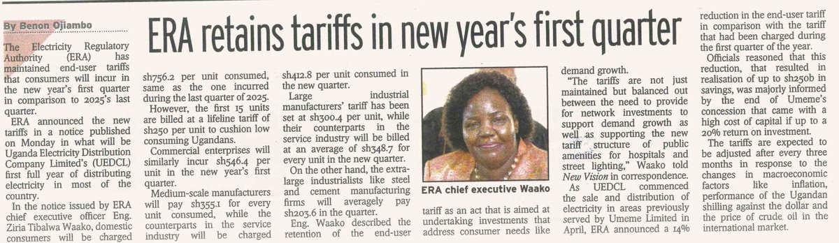 #PressReview
In today's <a href="/newvisionwire/">The New Vision</a>, page 24: ERA cushions households and businesses by maintaining stable electricity prices, balancing consumer relief with the critical need for ongoing sector investment.
<a href="/ucpaUG/">Uganda Consumers' Protection Association - UCPA</a> <a href="/GovUganda/">Government of Uganda</a> <a href="/newsUMA/">UgandaManufacturersAssn®</a>