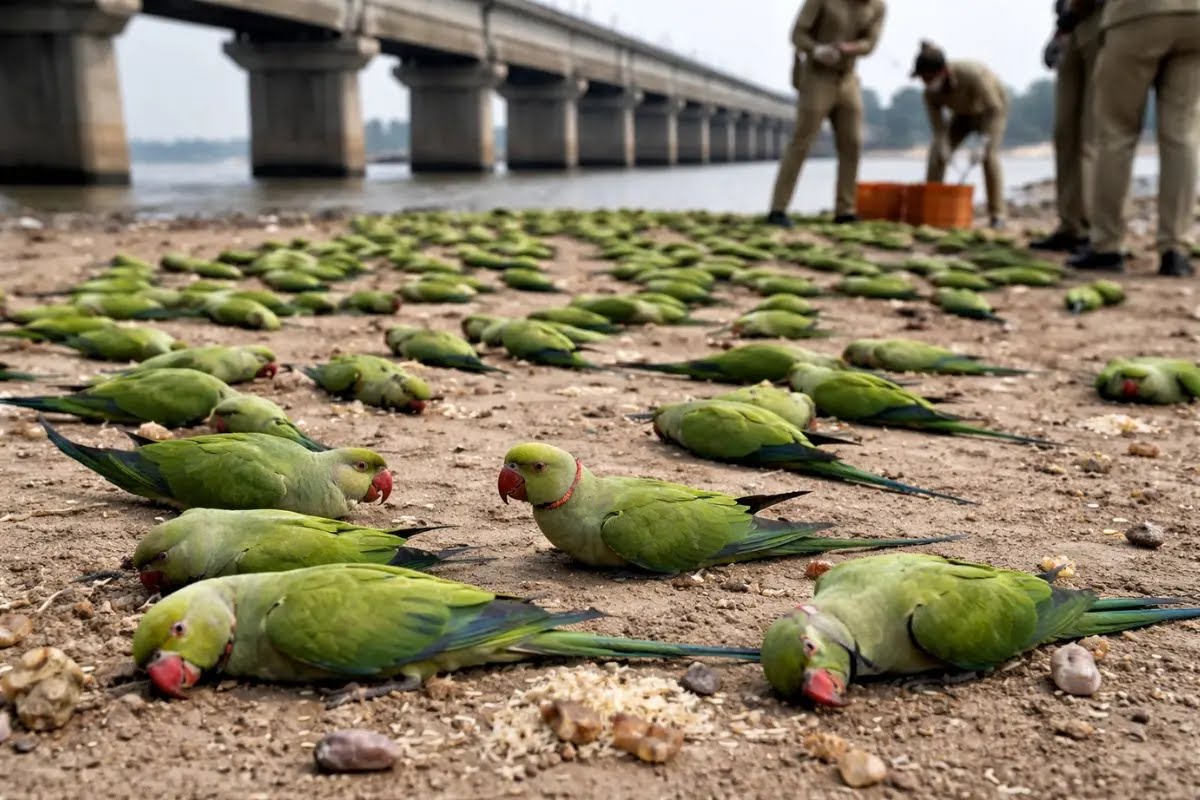 gemsofbabus_'s tweet image. 🚨 200 parrots die of suspected food poisoning on Narmada riverbank in Madhya Pradesh's Khargone District. 💔