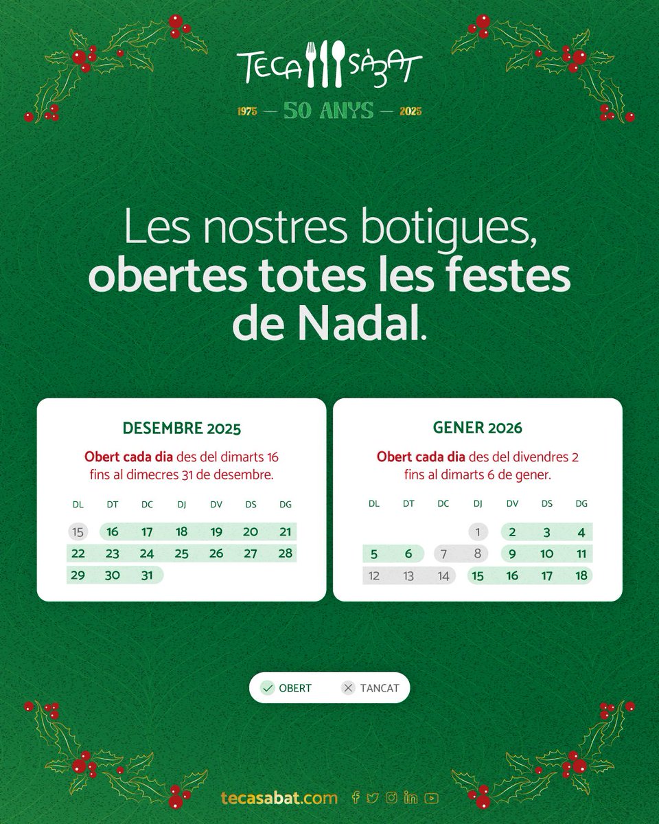 TECA SÀBAT OBERT PER NADAL!

Us deixem per aquí els horaris de les nostres botigues aquestes festes🎄🎁