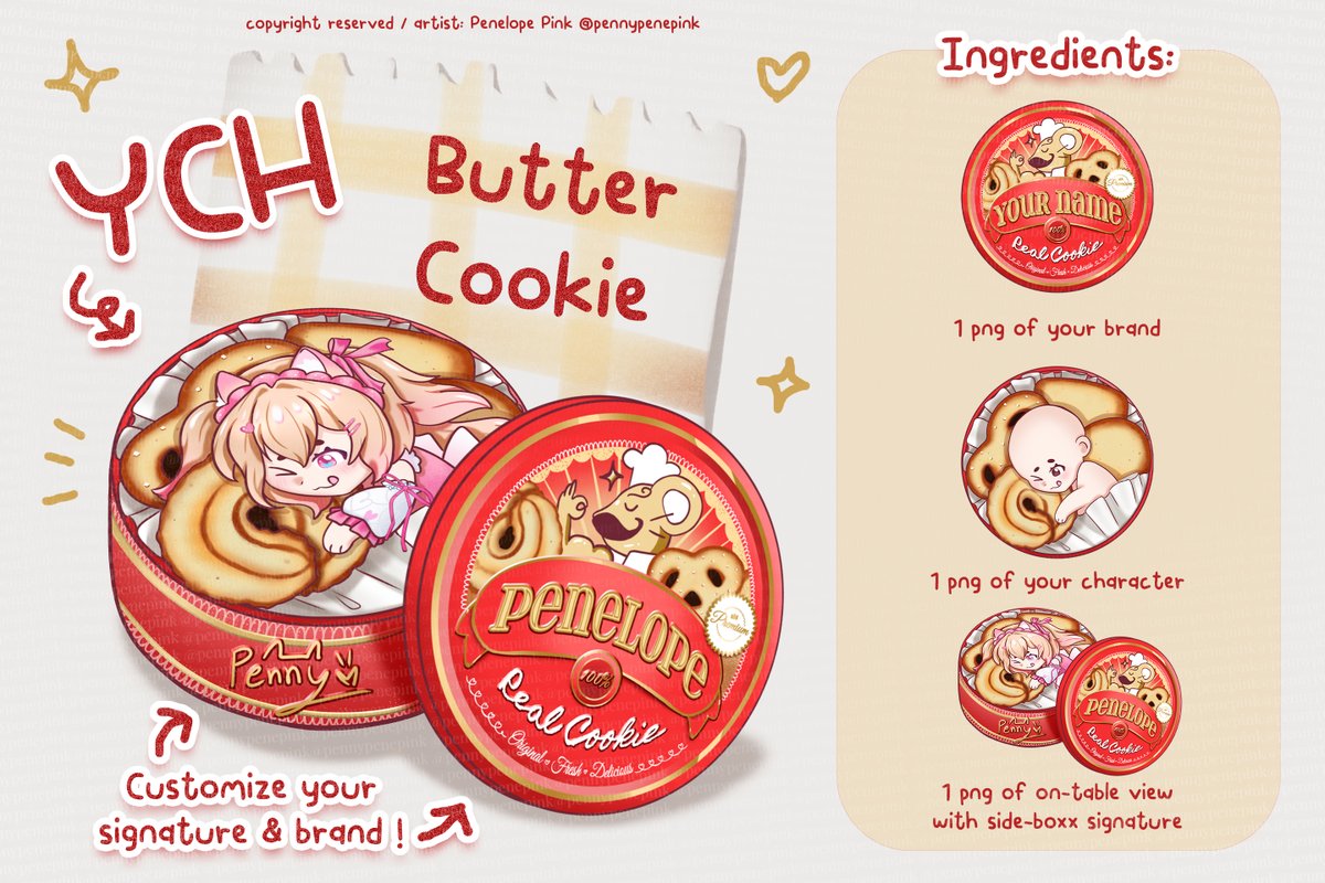 pennypenepink's tweet image. 🍪Butter Cookie YCH🎁
คุกกี้กล่องแดงที่เรารักและวนิลลาริงที่หมดก่อนใครเพื่อน
🍼เรท: 350.- (ราคารวมเชิงพานิชย์แล้ว)
✨ไฟล์ที่ได้: png ภาพนิ่ง 3 ไฟล์
📦ส่งงานได้ใน 3-7 วัน เมื่อถึงคิว (เช็ควันส่งงานกันก่อนได้คับ💗)
สั่งคุกกี้ทัก DM ได้เลยงับ
#commissionTH #PennyPinkCMS #VtuberTH