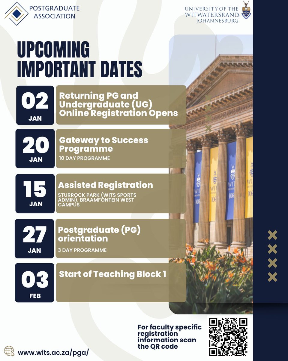 WitsPGA's tweet photo. 🗓️Mark your calendar, Postgrads.

The year is officially underway, and we’re excited to share the key upcoming dates you need to know as you prepare for the academic journey ahead at Wits.
For faculty-specific details, scan the QR code.

#WitsUniversity #WitsPostgrads #PGA2026 https://t.co/Xa8fQ0jhZ2