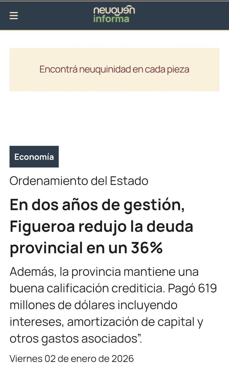 ORDENAR PARA CRECER

En dos años ordenamos las cuentas y bajamos la deuda provincial un 36%. Fue una decisión política clara: administrar con responsabilidad, fortalecer la autonomía fiscal y recuperar previsibilidad para Neuquén, con respaldo de una buena calificación