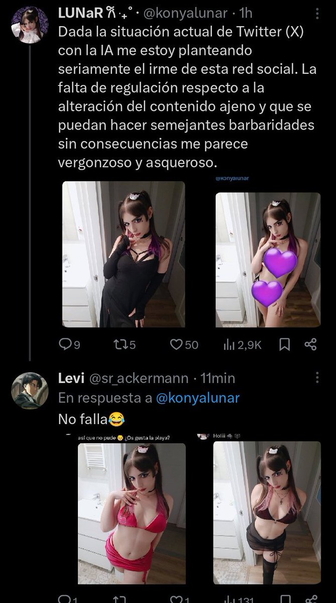 ¿Los hombres no os sabéis la del consentimiento verdad?
Si yo subo una foto en bikini ES PORQUE QUIERO Y LO CONSIENTO.
Si le pides a la IA que me desnude NO HAY CONSENTIMIENTO Y NO ES LO MISMO.
Estáis enfermos.