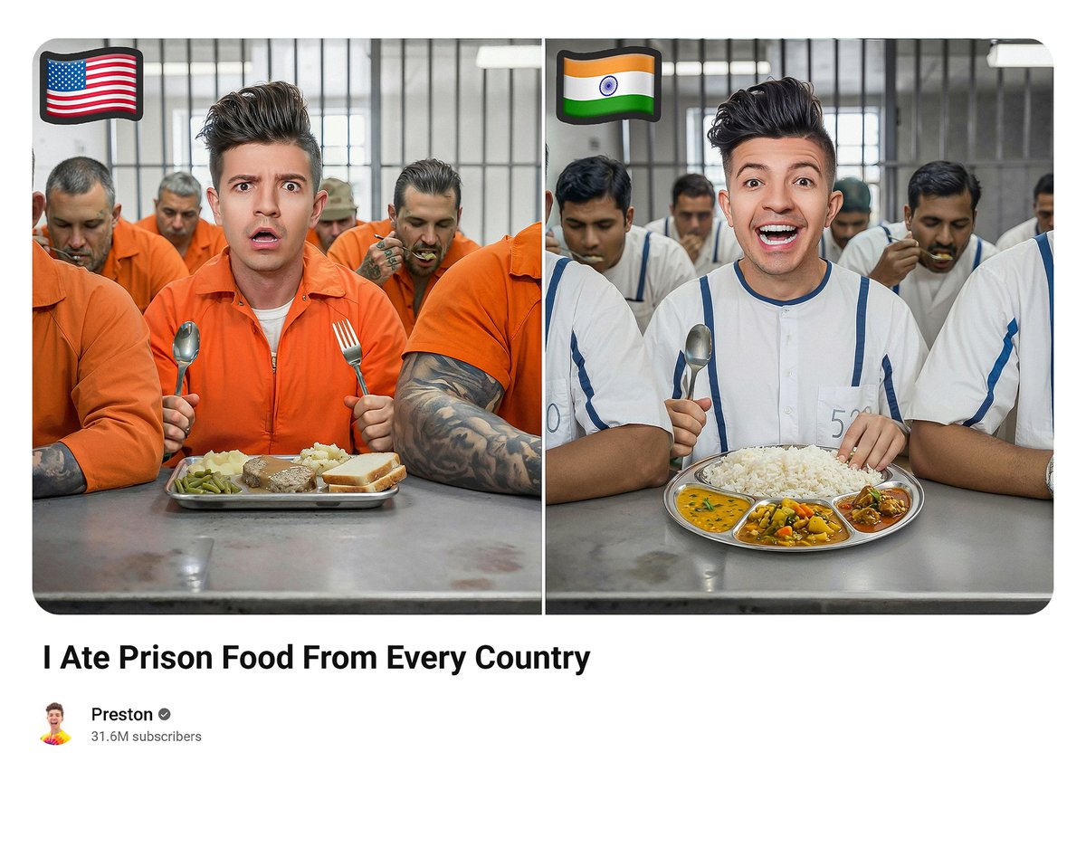 𝗗𝗔𝗬 𝟬𝟵/𝟭𝟬𝟬 challenge Concept Thumbnail                   

𝗧𝗶𝘁𝗹𝗲: "𝗜 𝗔𝘁𝗲 𝗣𝗿𝗶𝘀𝗼𝗻 𝗙𝗼𝗼𝗱 𝗙𝗿𝗼𝗺 𝗘𝘃𝗲𝗿𝘆 𝗖𝗼𝘂𝗻𝘁𝗿𝘆"
<a href="/Preston/">preston</a> 

Let me know what you guys think