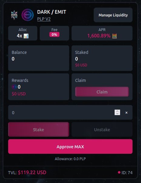 📡 NEW FARM LIVE! 🛰️

➕ A New Farm Has Been Added To EMIT Farms Community Tokens Category! 🛰️

✨ Put your DARK/EMIT LP To Work In The New Farm And Be Rewarded In EMIT!

Farm ➡️ emit.farm/farms 🔗
Headquarters ➡️ t.me/emitfarm 🔗

Stake DARK/EMIT LP ✅
Earn