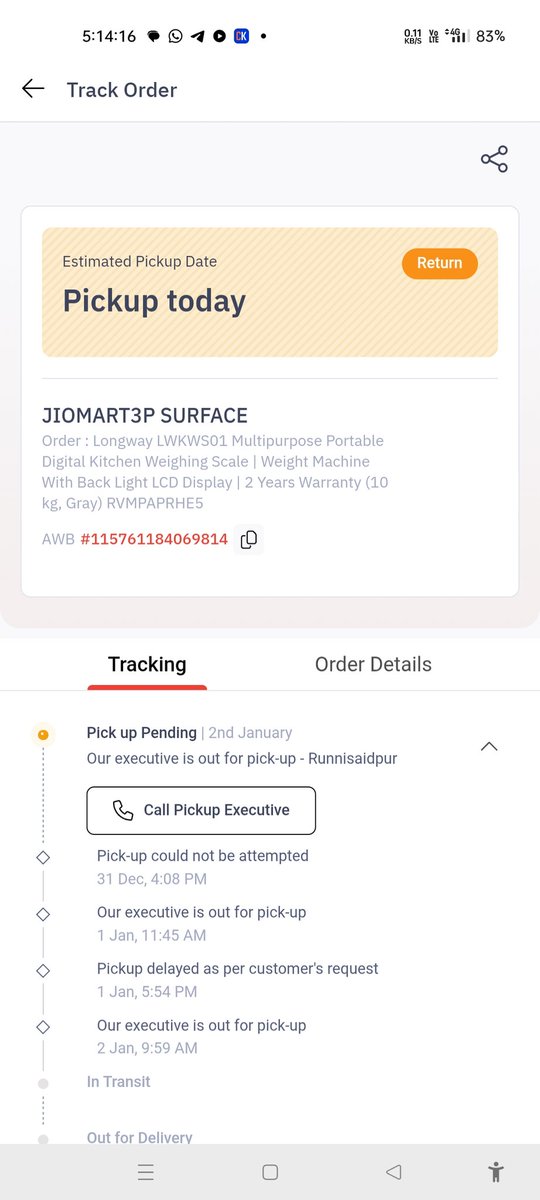 iamreetjaiswal's tweet photo. @JioMart_Support please remove your Courier Partner @Delhivery

Unacceptable service by @Delhivery
Return pickup pending since 31 Dec.
AWB: 115761184069814

@JioMart Order Number
17666181590027852A
Shipment Number
17670235345651697967J
Please resolve immediately.
@help_delhivery https://t.co/D3iUq8S1la