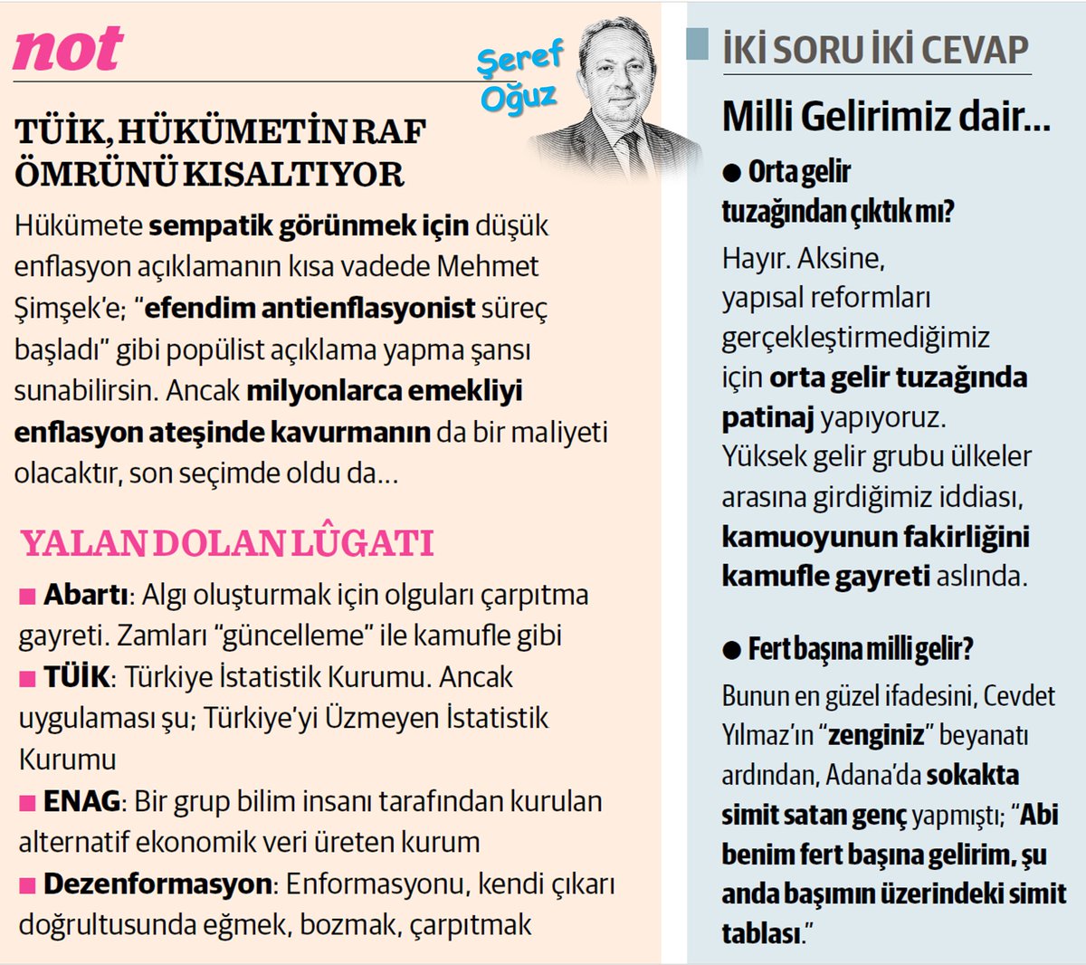 ENAG'A GÖRE MİLLİ GELİRİMİZ 850 MİLYAR DOLAR
TÜİK 1,3 Trilyon $ diyor. Fert başına milli gelir hükümete göre 17 bin $ fakat ENAG'a göre 10 bin $'ın altında.
Her ay başı TÜİK’in enflasyonu açıklandığında ENAG’ı da dikkat alın zira TÜİK gerçeği yansıtmıyor. <a href="/serefoguz/">Şeref Oğuz</a> 
#ENAG #TÜİK