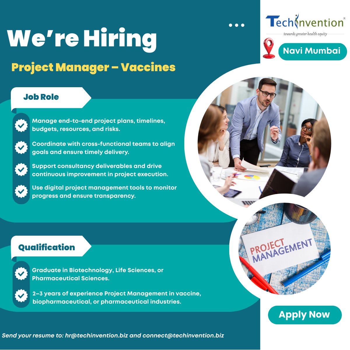 Hey Project Manager — TechInvention is looking for YOU.

This role involves close collaboration with R&amp;D, QA/QC, Regulatory, Strategy, and Supply Chain teams to ensure vaccine and biopharmaceutical programmes are delivered on time, within scope, and in full compliance with global