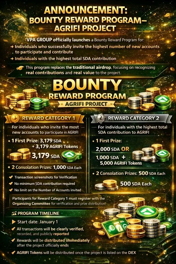 Ria0952's tweet photo. 🌱 AGRIFI-VPA Bounty Reward Program is LIVE
Real rewards for real contributions—no airdrops.
Invite, contribute, earn SDA + AGRIFI Tokens.
https://t.co/oLREOxLez7

BTC Contact👇
@Nhung122628  Tuan Tran, Lee Ba and Ky Nguyen and send your Screenshot

#AGRIFI #VPA #BountyProgram https://t.co/ioi5tMLvMt