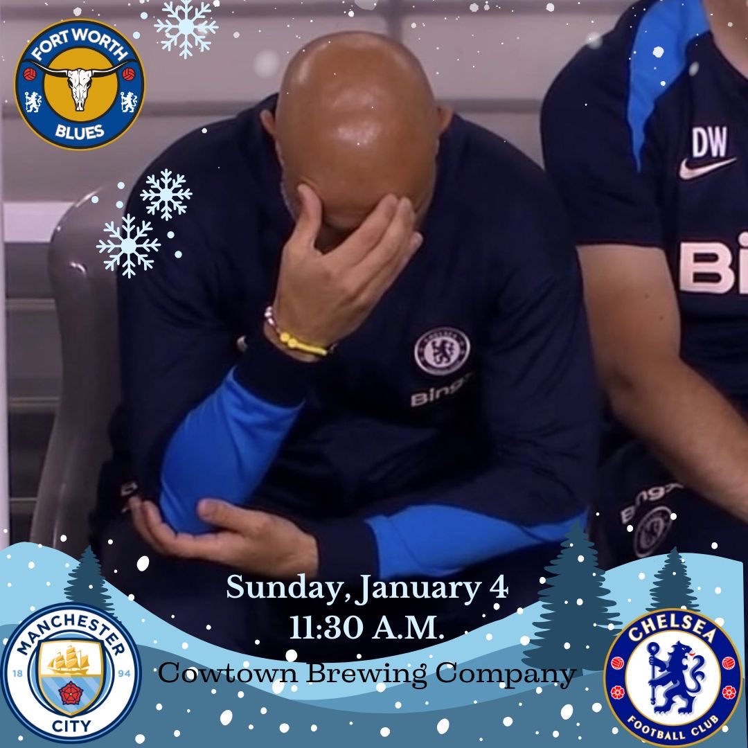 The circus makes its way up to Manchester. Group therapy time.

🏆 Premier League
⚽️ Chelsea at Manchester City
🍺 Cowtown Brewing Company
📅 Sunday, January 4
⏰ 11:30 A.M.

#seeyouatthebrewery #cfc #chelseainamerica #fortworth #CowtownBrewing #ktbffh