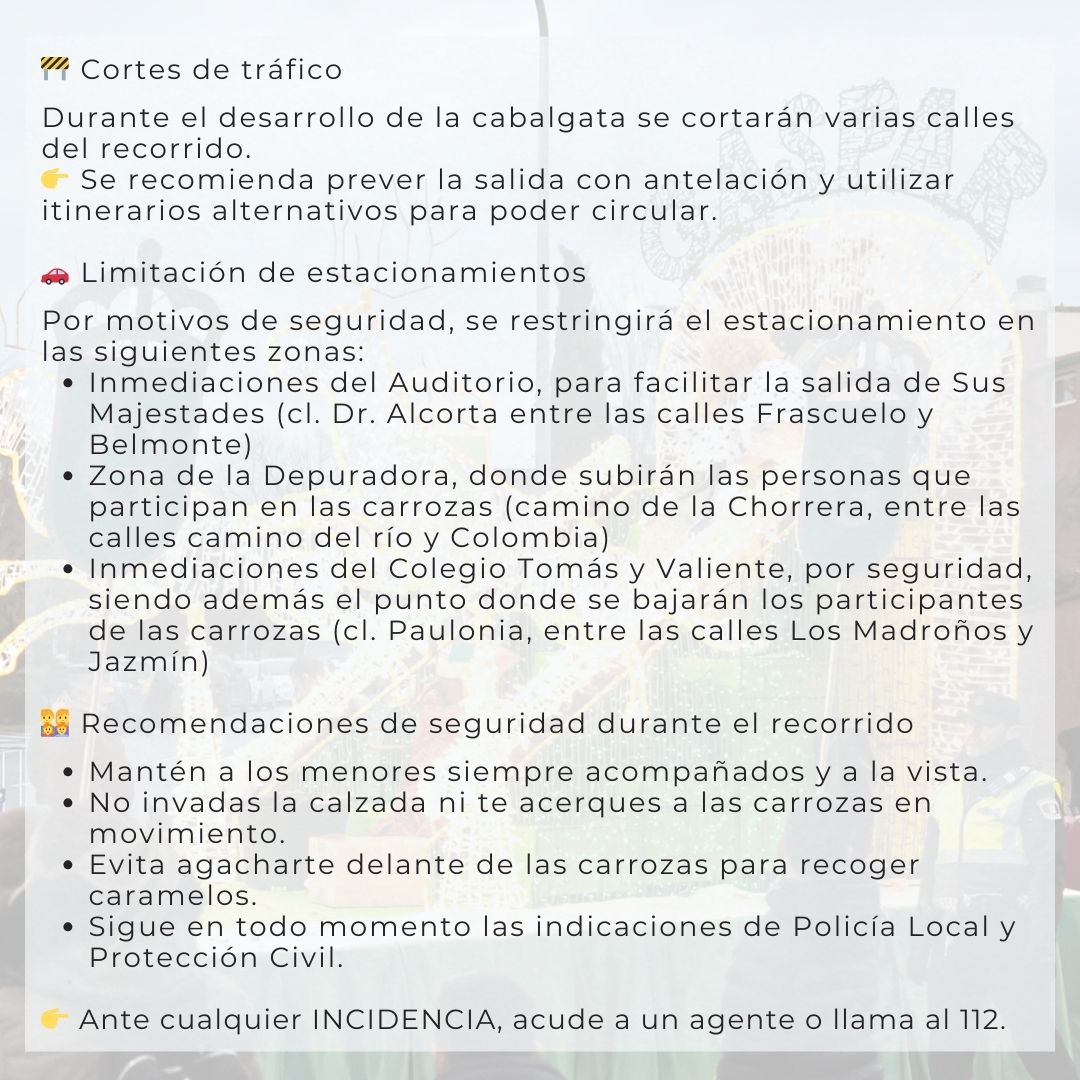 🎄✨ Recomendaciones de seguridad y circulación para la Cabalgata de Reyes desde Policía Local y Protección Civil de Velilla de San Antonio ✨🎄

Disfrutemos de la cabalgata con responsabilidad, civismo y seguridad.

¡Felices fiestas! 🎅✨