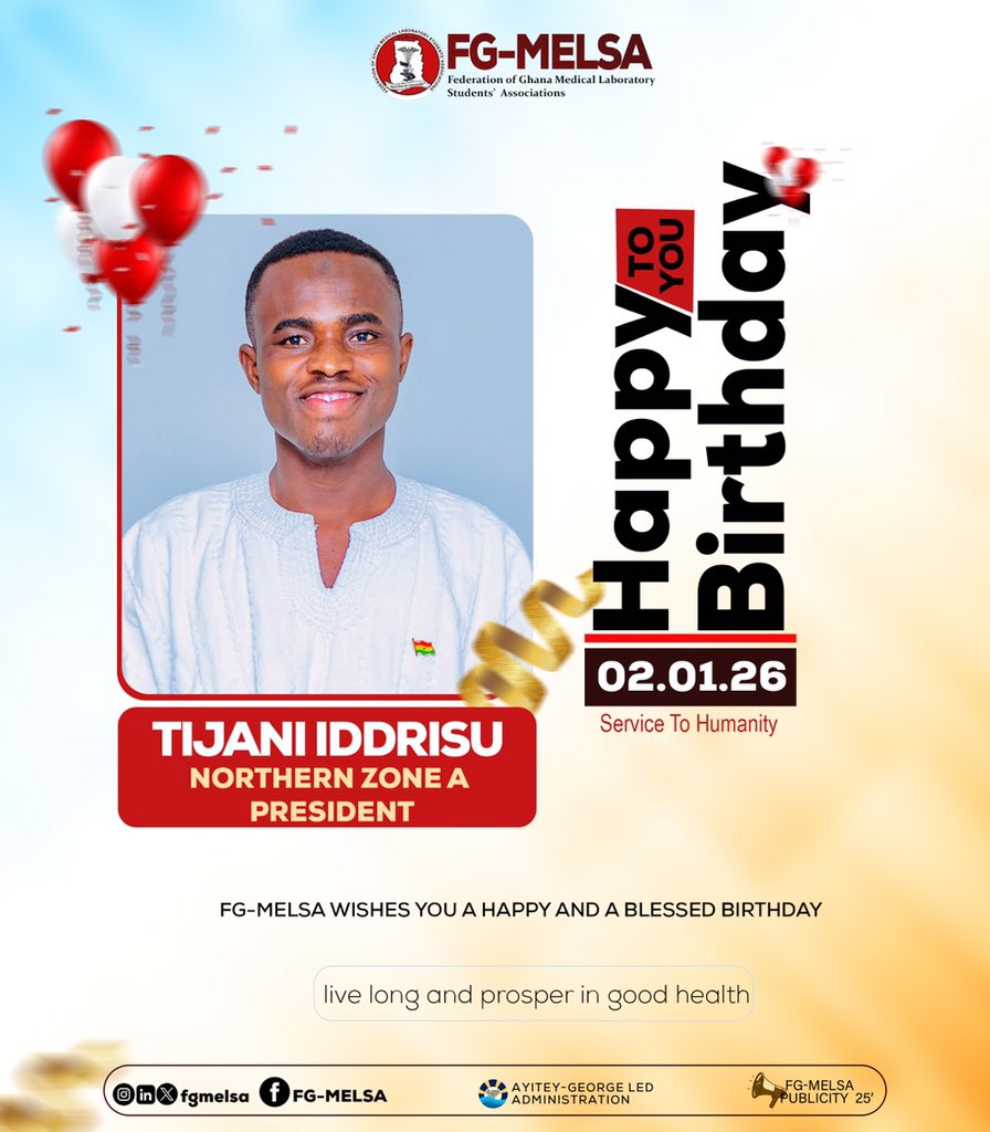 🎈🎉Happy Birthday to Hon. Tijani Iddrissu –Northern Zone A President🥳

May this new year bring you strength, success, and fulfillment in all you do. Keep leading, keep inspiring, and keep being exceptional.🎉🎈

🎂 Happy Birthday once again!
— From all of us at FG-MELSA❤️