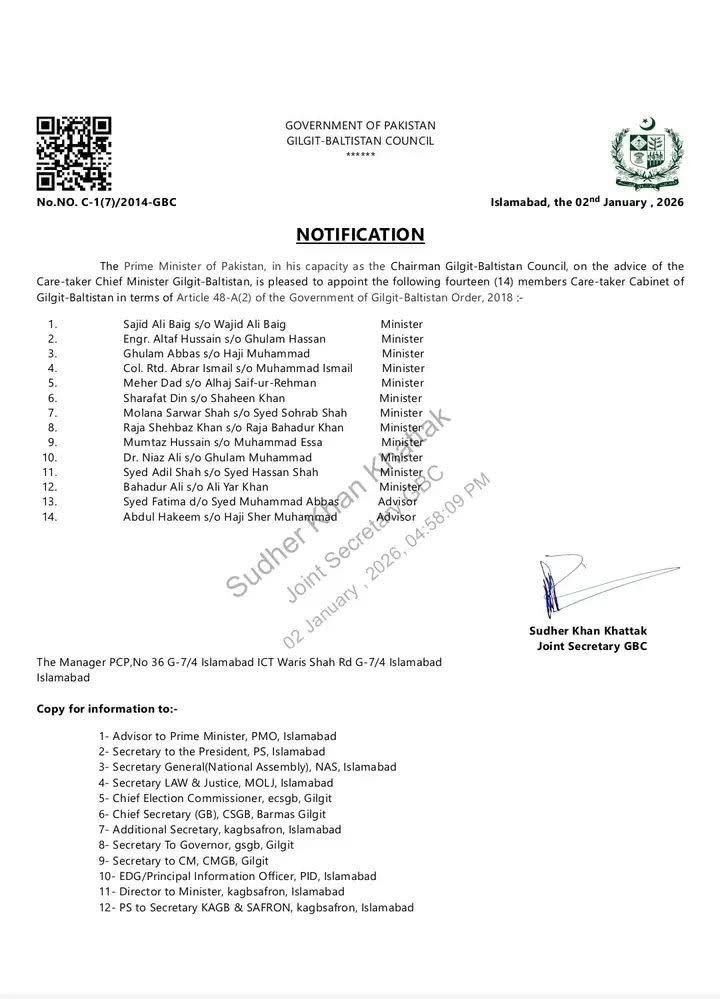 The Gilgit-Baltistan caretaker cabinet has been notified, comprising 12 ministers and 2 advisers, following approval by PM <a href="/CMShehbaz/">Shehbaz Sharif</a>
#GBCabinet