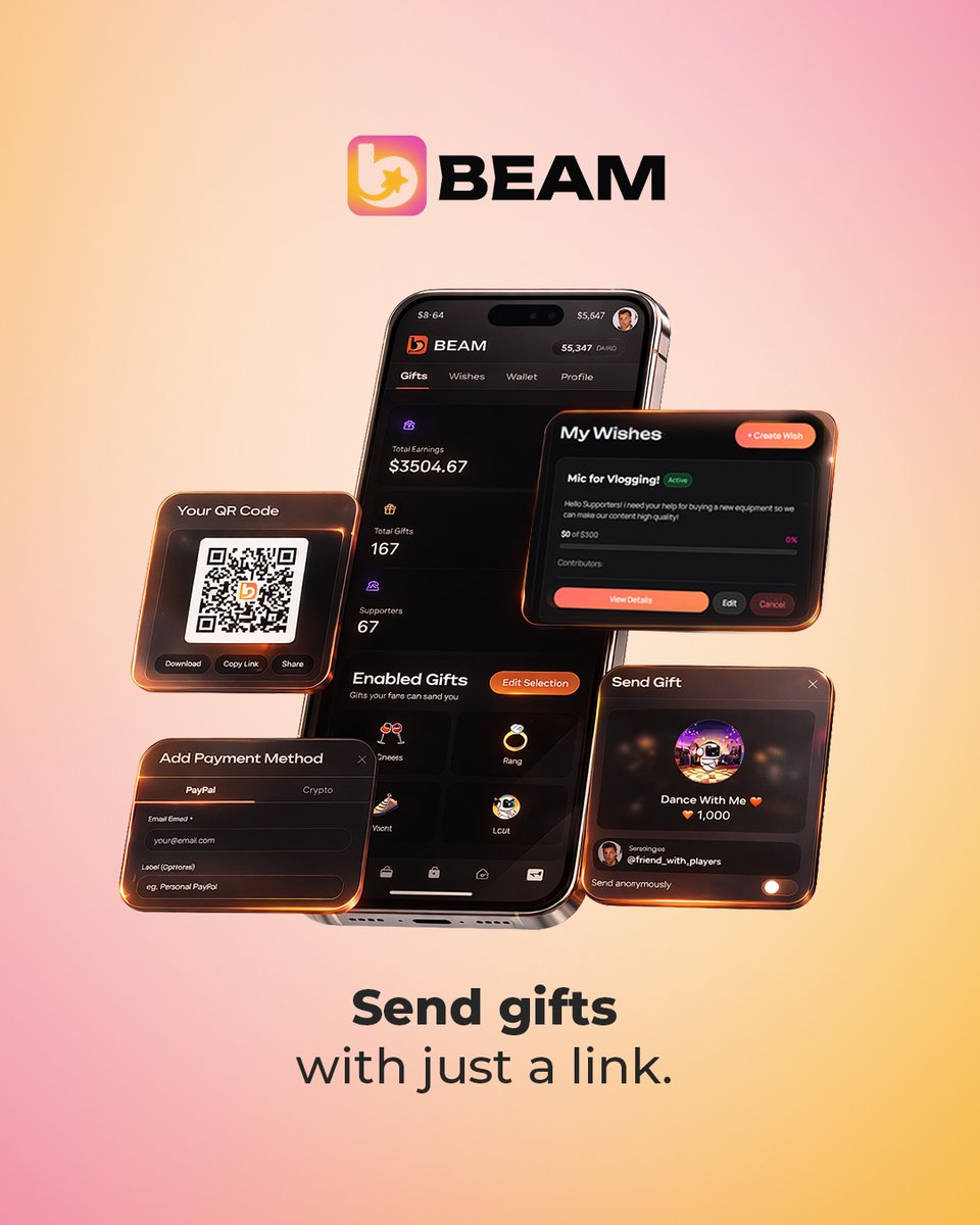 Sending gifts shouldn’t require shipping addresses, reminders, or guesswork.

With Beam, anyone can send a gift instantly using a link or QR code.
Crypto, fiat, or other payment options.
Anytime. Anywhere.

Gifting, simplified.

Get beamed. 🔗beam.gifts