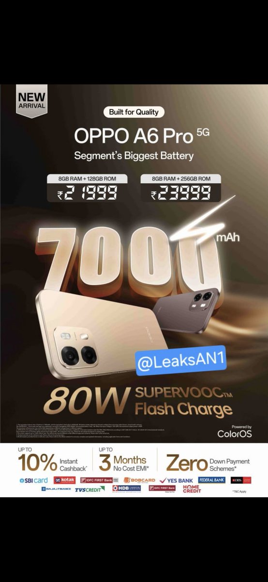 LeaksAn1's tweet photo. Exclusive 🔥 

New Model  – MOP Announcement 

📌 A6 Pro – Price Notice
The MOP for A6 Pro is as follows:
ꔷ A6 Pro (8GB + 128GB): ₹21,999
ꔷ A6 Pro (8GB + 256GB): ₹23,999

🎯 Offer effective from 5th January 2026 onwards.

#OppoA6Pro
#Oppo https://t.co/p5oCqEJS3X