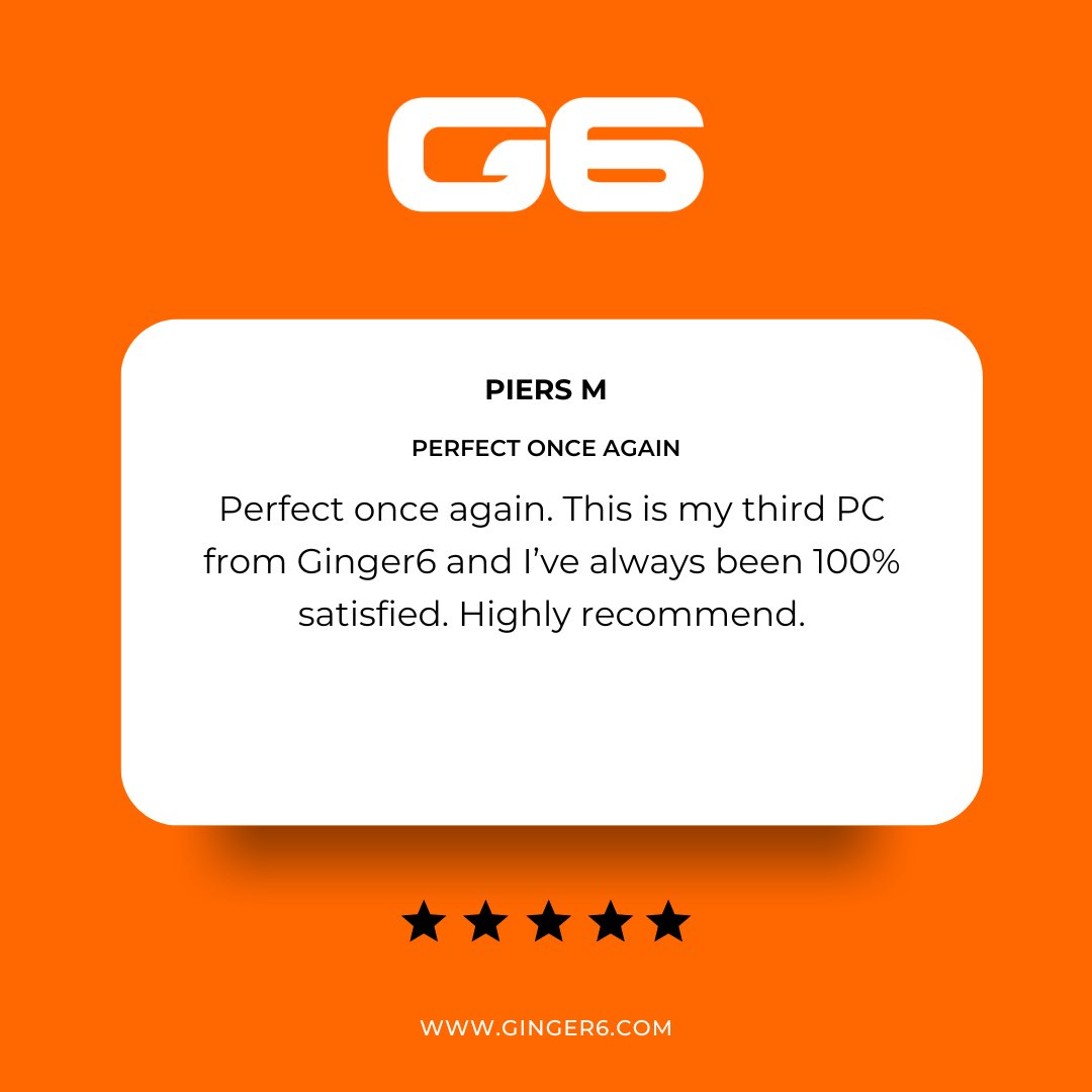 www_ginger6_com's tweet image. Thanks Piers for the 5⭐ review! “Third PC… always 100% satisfied.” Ginger6 delivers expert custom builds and service that keeps customers coming back.

👉 ginger6.com  | 📞 Call us today 

#Ginger6 #CustomPC #RepeatCustomer #TechMadeEasy #CustomerReview #PCUpgrade