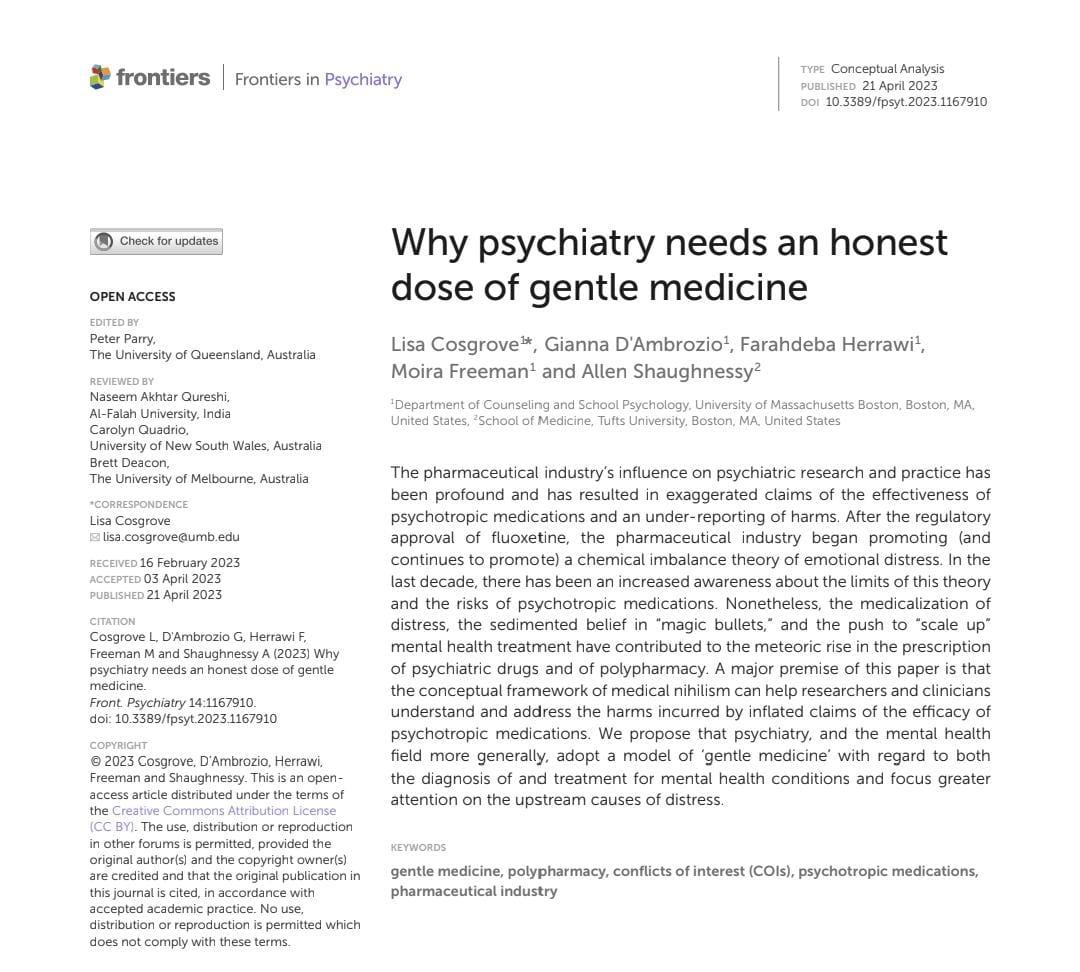 ompsychiatrist's tweet image. Psychiatry is being told once again to step back. To prescribe less. To hesitate more. To practice “gentle medicine.” That sounds virtuous until you look closely. Six uncomfortable points.

1. Psychiatry is not reckless. It already works under uncertainty every day. The real…