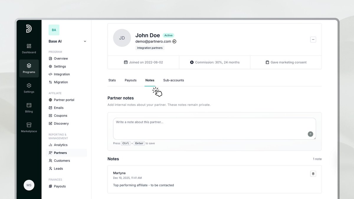 Introducing partner notes 📝
Keep context where you need it by adding internal notes directly to partner records. Capture key details, track updates, and keep your team aligned for smoother follow-ups and collaboration.
Learn more → help.partnero.com/article/364-pa…