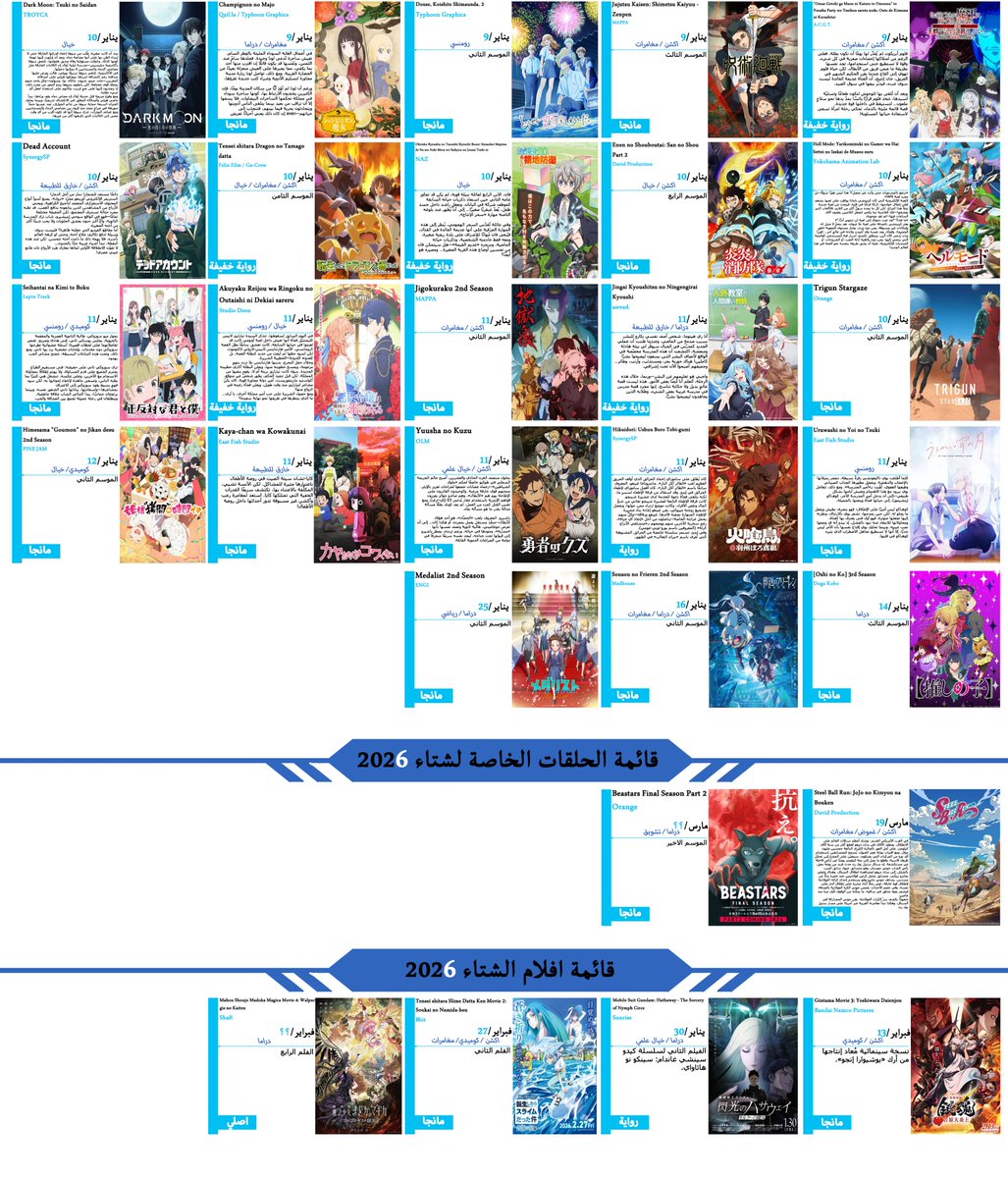 TensaiBishounen's tweet photo. أقدم لكم قائمة انميات موسم الشتاء 2026 بجميع المعلومات استمتعوا ~
تحميل بجودة عالية اسفل التغريدة 👇👇👇
#MeetOtaku https://t.co/BYDtAJ4oN1