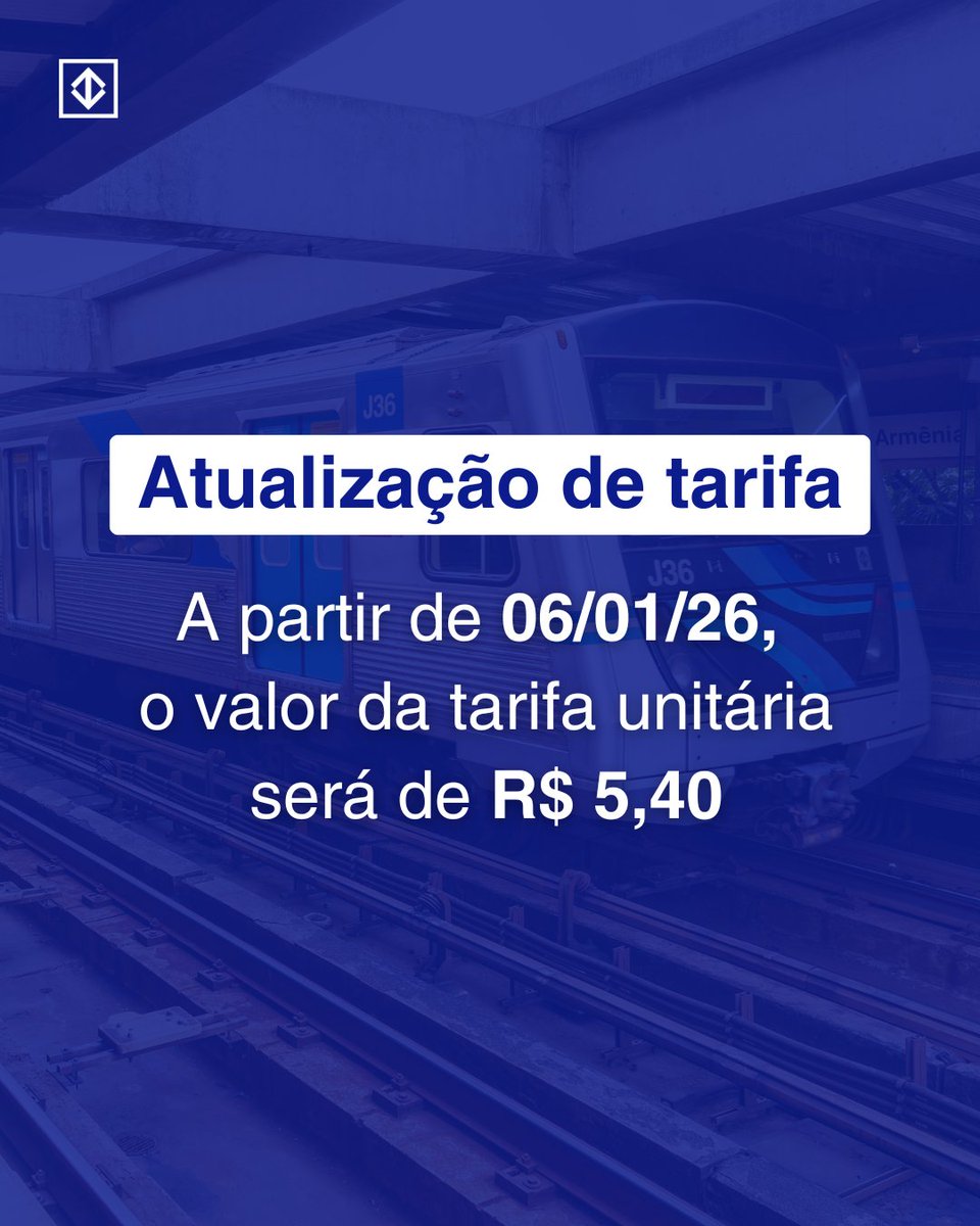 Atenção!

A partir da próxima terça-feira (06/01), começa a valer o reajuste na tarifa do Metrô.

A nova tarifa será de R$ 5,40, ajuste abaixo da inflação acumulada no período. Gratuidades previstas no sistema estão mantidas sem alterações.