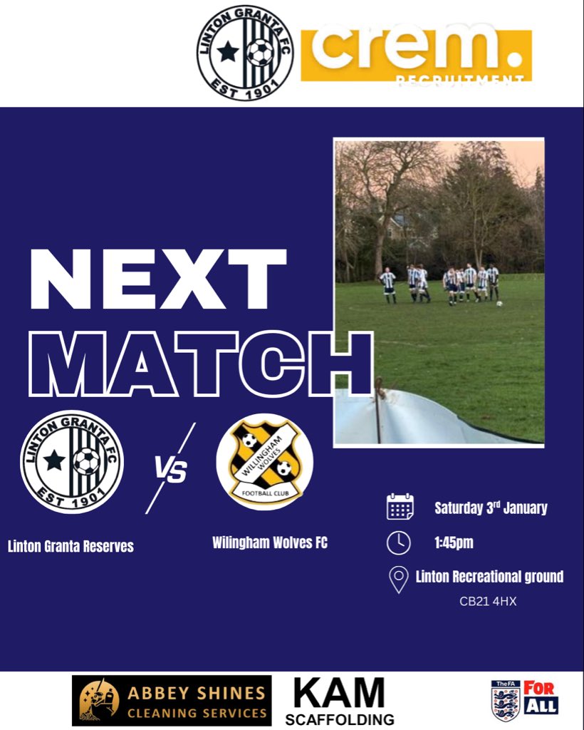 TheLintonGranta's tweet photo. The reserves host Willingham Wolves this Saturday in the Cambs Junior Cup 1:45 kick off down the Rec ,Kitchen and bar open 🔵⚪️
@AbbeyShinesCS 
@CremRecruitment 
@KAMscaffolding https://t.co/ZherYFtxfL