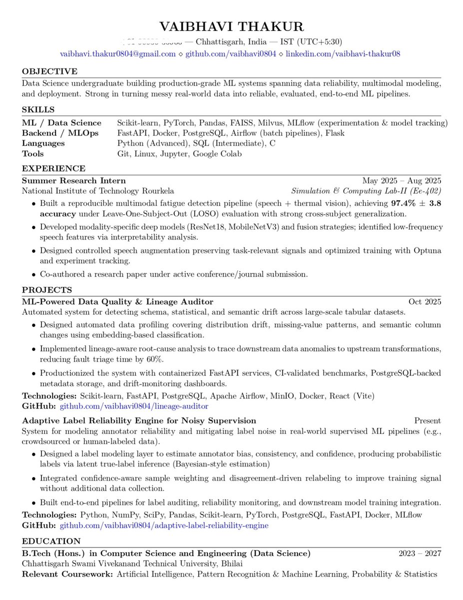 ML Engineer Internship - Strong Candidate

Sharing the profile of Vaibhavi Thakur (<a href="/Messing_up20023/">Messing up</a>), a pre-final year ML engineer who had been building production grade ML systems with a strong focus on data reliability, label quality, and evaluation loops.

She has:
• Built
