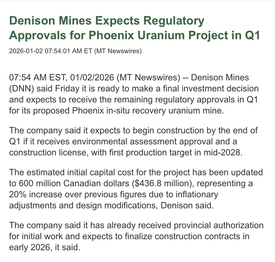 SloCan68's tweet photo. 💥 #BoomAlert 💥 

Denison Mines Expects Regulatory Approvals for Phoenix Uranium Project in Q1
2026-01-02 07:54:01 AM ET (MT Newswires) $dnn $dml #uranium #nuclear #smr https://t.co/Ok10awN5rK