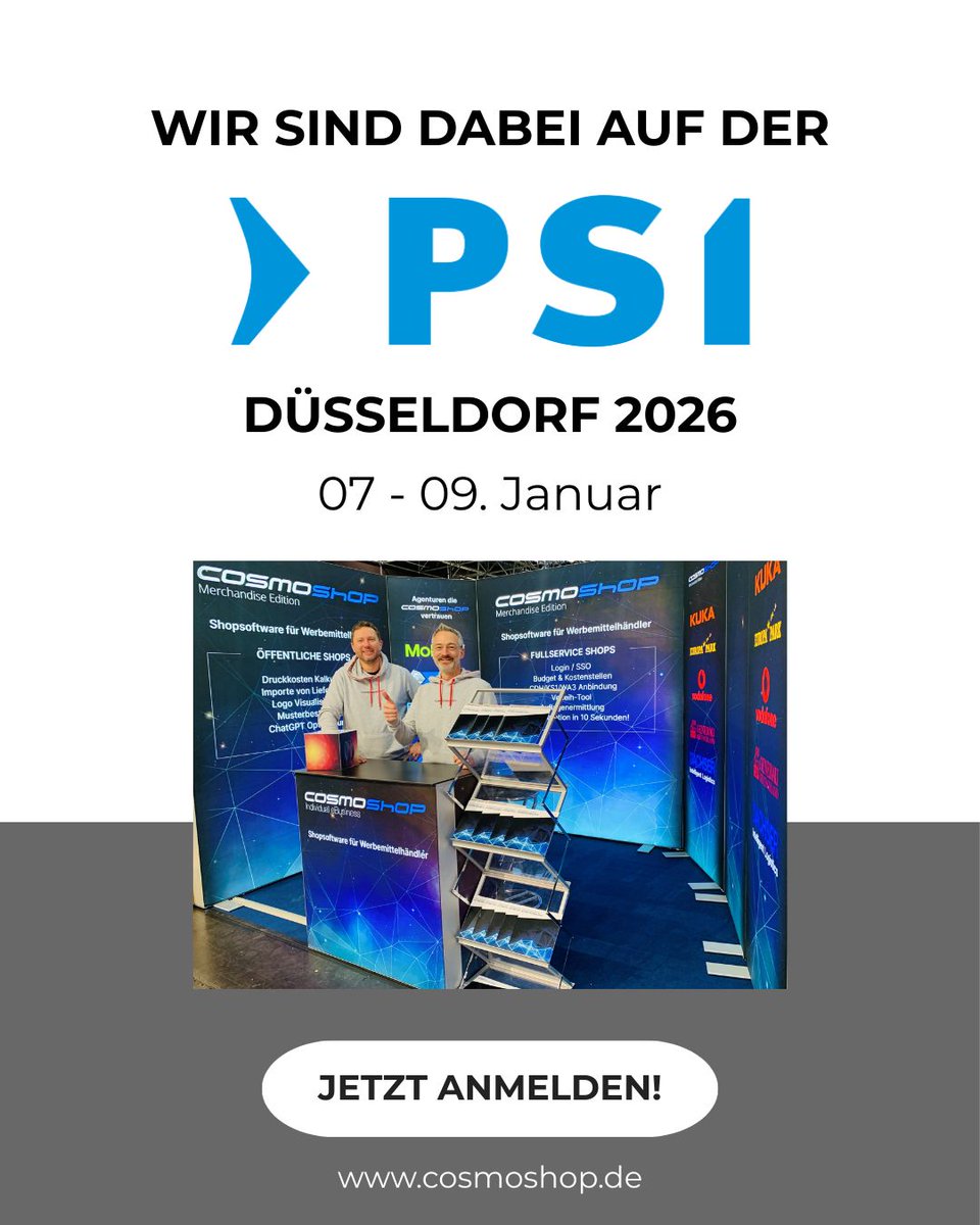 cosmoshop's tweet photo. 🔔 PSI Düsseldorf 2026 – wir sind dabei!
07.–09.01. zeigen wir am CosmoShop-Stand: KI-Agents, neue Lieferantenschnittstelle, Druckkosten-Kalkulator, Beta v14 &amp; mehr.
👉 Termin sichern: https://t.co/qZuZxAftap
#psi2026 #b2bcommerce #besteshopsoftware2026 https://t.co/nmftm5CWD5