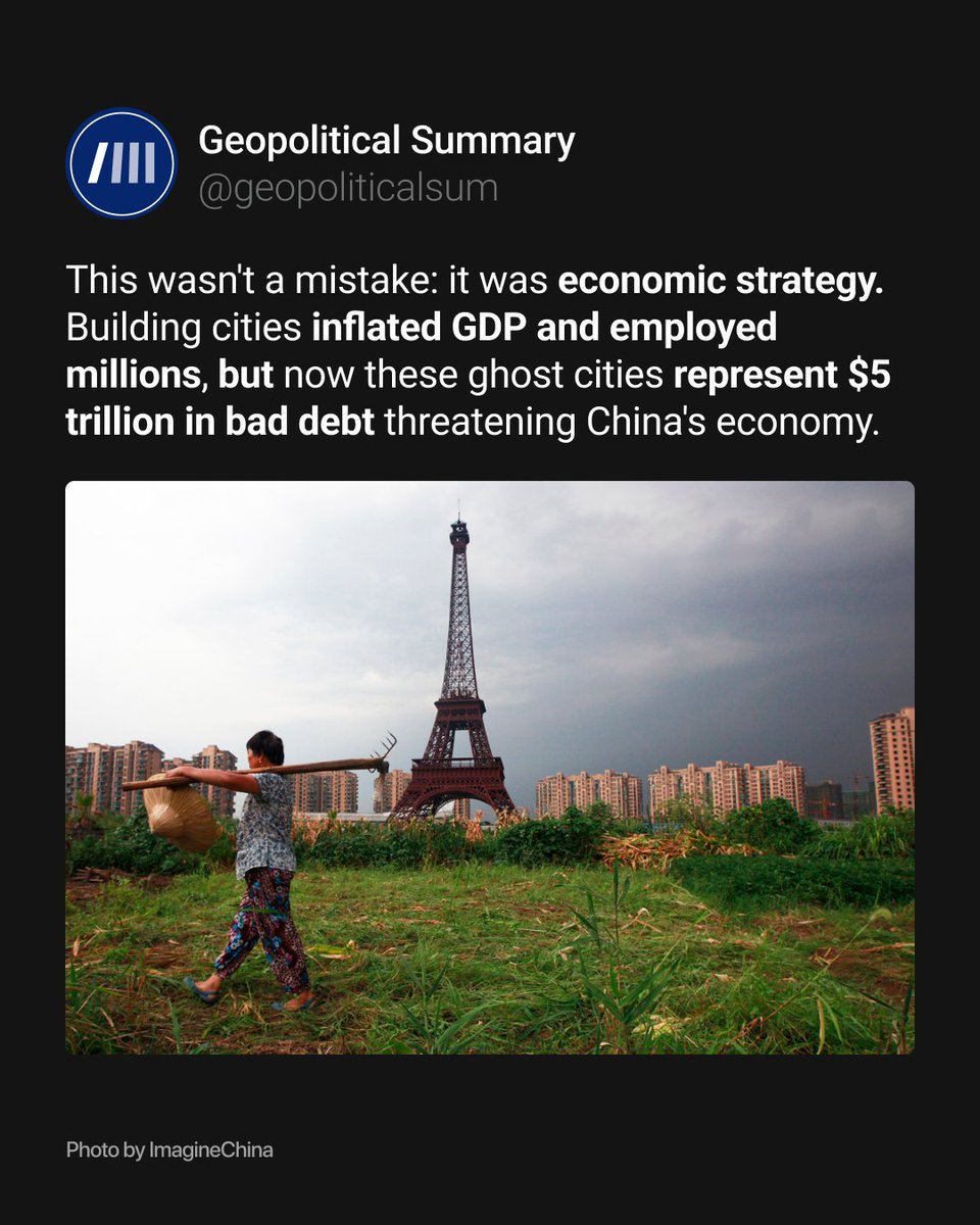 geopoliticalsum's tweet photo. China’s empty cities were built to keep construction companies busy and local governments earning money from land sales. 

Many apartments were bought as investments, not homes, so people never moved in. Now, with fewer buyers and slowing growth, these cities have become a problem. 

Empty buildings need maintenance, loans must still be repaid, and the debt is creating serious financial pressure.

Read more: https://t.co/tmOLvpW5Zs.