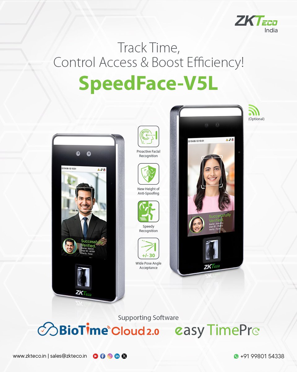 zk_india's tweet photo. To place orders:
Mail: sales@zkteco.in
WhatsApp: +91 9980154338
#ZKTeco #SpeedFaceV5L #AccessControl #FacialRecognition #TouchlessAccess #Software #BioTimeCloud2.0 #easyTimePro #AdvancedAntiSpoofing #SpeedRecognition #ZKTecoIndia https://t.co/g8Uz7AxhQO