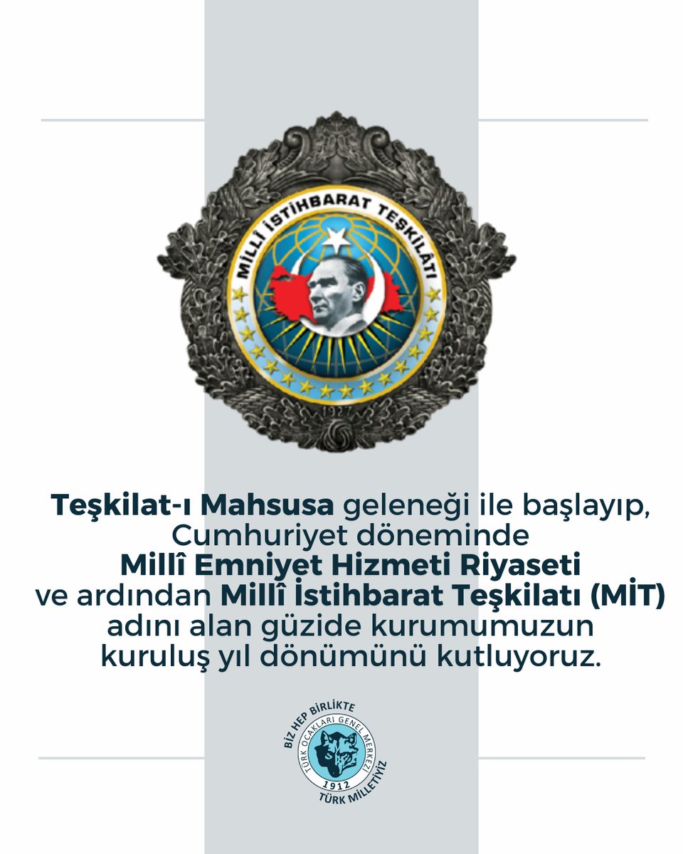 Teşkilat-ı Mahsusa geleneği ile başlayıp, Cumhuriyet döneminde Millî Emniyet Hizmeti Riyaseti ve ardından Millî İstihbarat Teşkilatı (MİT) adını alan güzide kurumumuzun kuruluş yıl dönümünü kutluyoruz.