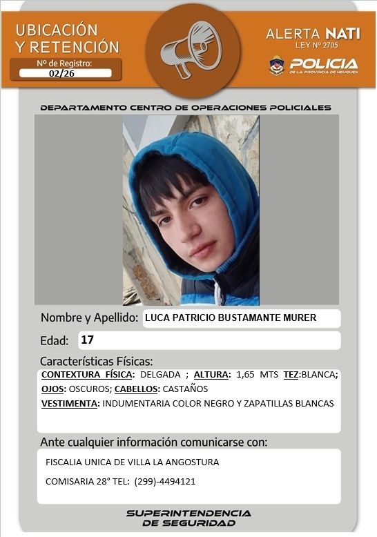 Activan la Alerta Nati para localizar a Luca Patricio Bustamante Murer en Villa la Angostura - noticias7.com/activan-la-ale…