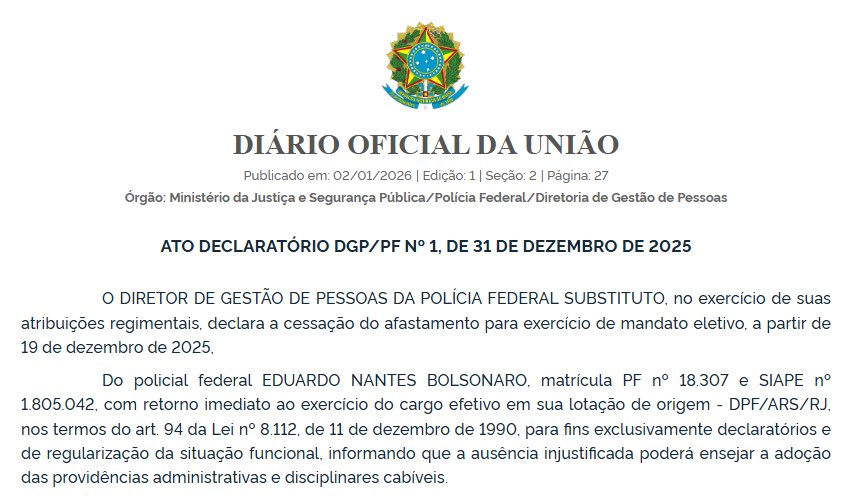 A Policia Federal DETERMINOU o retorno imediato de Eduardo Bolsonaro ao trabalho.
Sem mandato, volta ao cargo de escrivão.
Se não aparecer, perde o emprego.
A vida adulta chega pra todos.
