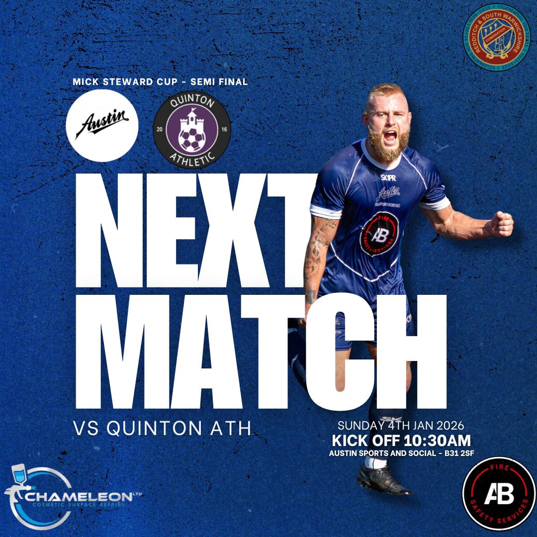 Back to it Sunday in the Mick Steward cup with a semi final against Quinton Athletic. We’re aiming for our first final of the season.

Kick Off: 10:30am
Austin Sports &amp; Social