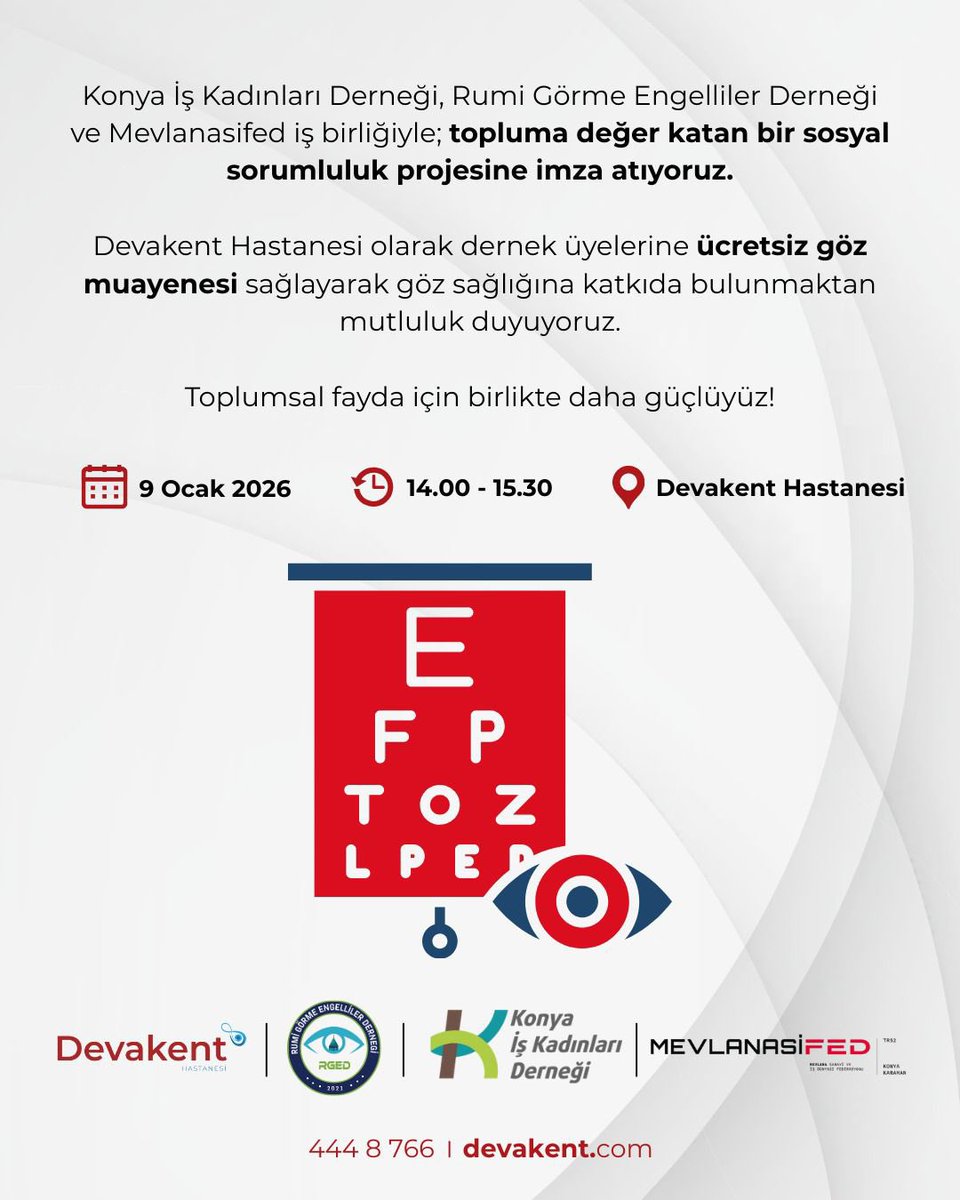 KikadResmi's tweet photo. Konya İş Kadınları Derneği (KİKAD) olarak; Görme Engelliler Haftası kapsamında, görme kaybının azımsanmayacak bir kısmının sonradan gelişebildiğine dikkat çekmek ve göz sağlığında erken kontrolün önemini hatırlatmak amacıyla, 9 Ocak Cuma 14.00–15.30 saatleri arasında https://t.co/qTJyWGScjC